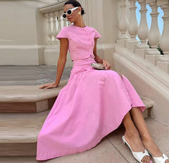 Elegant O-neck Single Breasted Short Sleeve Short Top Button Wide Leg Skirts