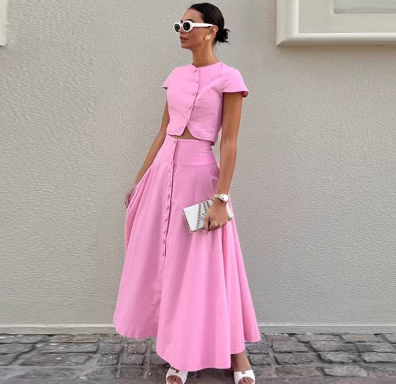 Elegant O-neck Single Breasted Short Sleeve Short Top Button Wide Leg Skirts