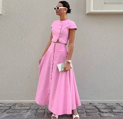 Elegant O-neck Single Breasted Short Sleeve Short Top Button Wide Leg Skirts