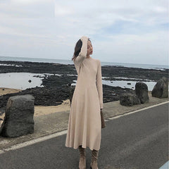 Elegant O-neck Slim Waist Midi Sweater Dress