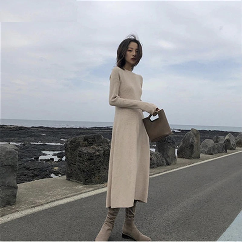 Elegant O-neck Slim Waist Midi Sweater Dress