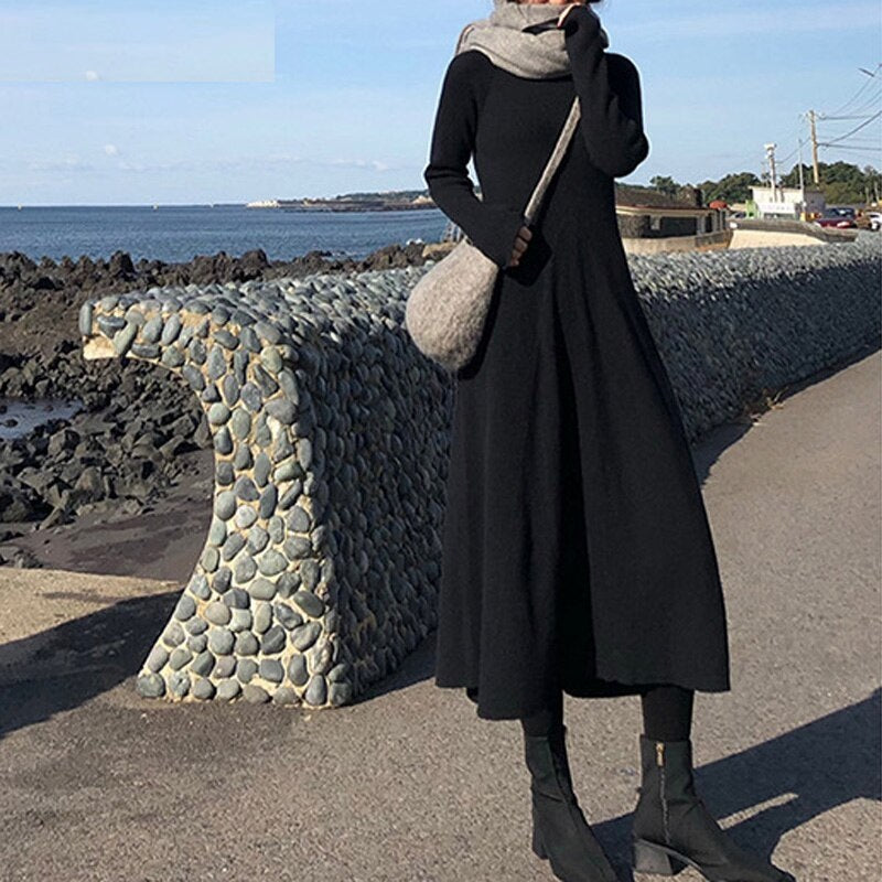 Elegant O-neck Slim Waist Midi Sweater Dress