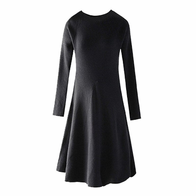 Elegant O-neck Slim Waist Midi Sweater Dress