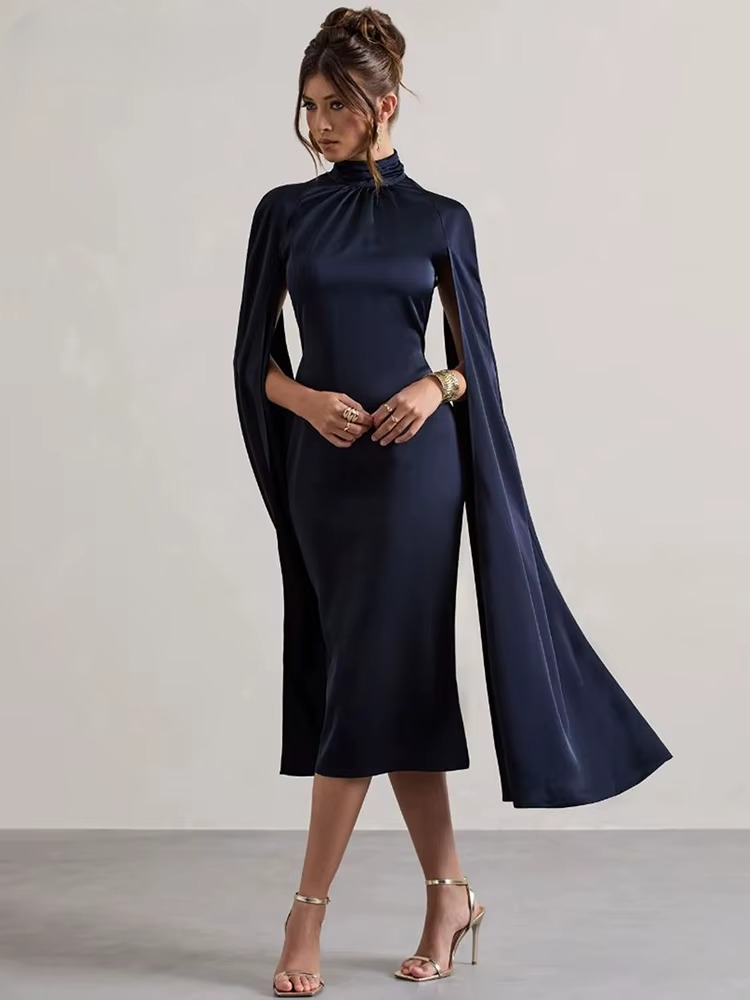 Elegant O-neck Split Extra Long Sleeve High Waist Slim Mid-Calf Celebrity Dress