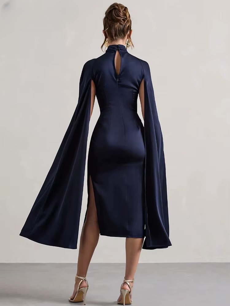 Elegant O-neck Split Extra Long Sleeve High Waist Slim Mid-Calf Celebrity Dress