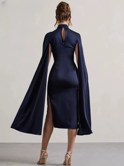 Elegant O-neck Split Extra Long Sleeve High Waist Slim Mid-Calf Celebrity Dress