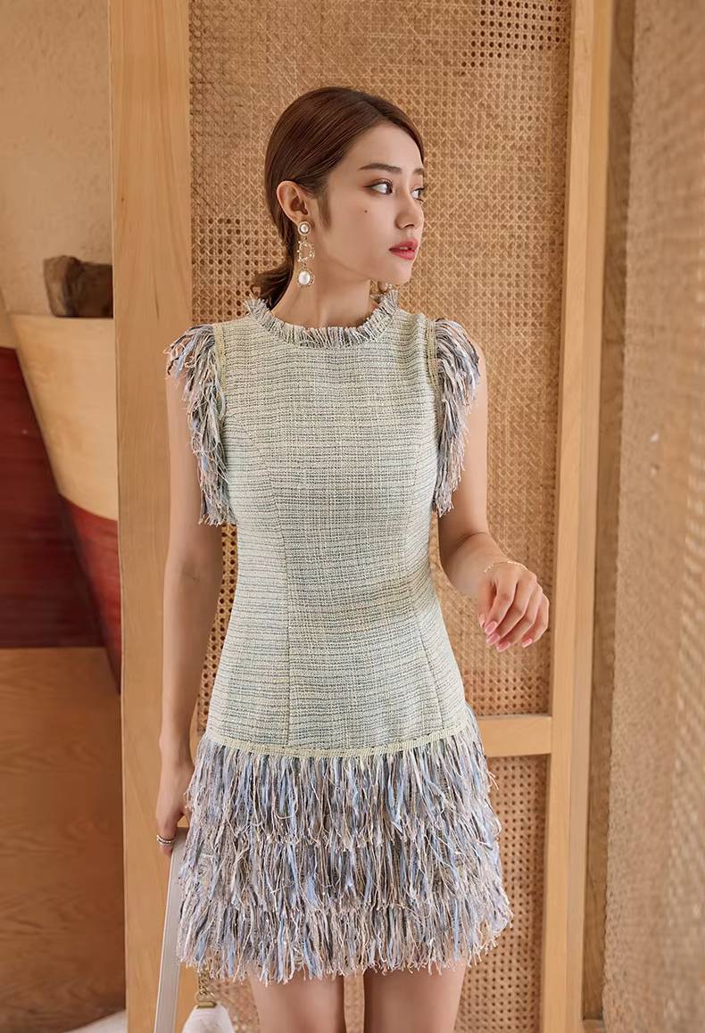Elegant O-neck Tassel Patchwork Slim Waist Mini Dress