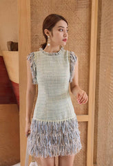 Elegant O-neck Tassel Patchwork Slim Waist Mini Dress