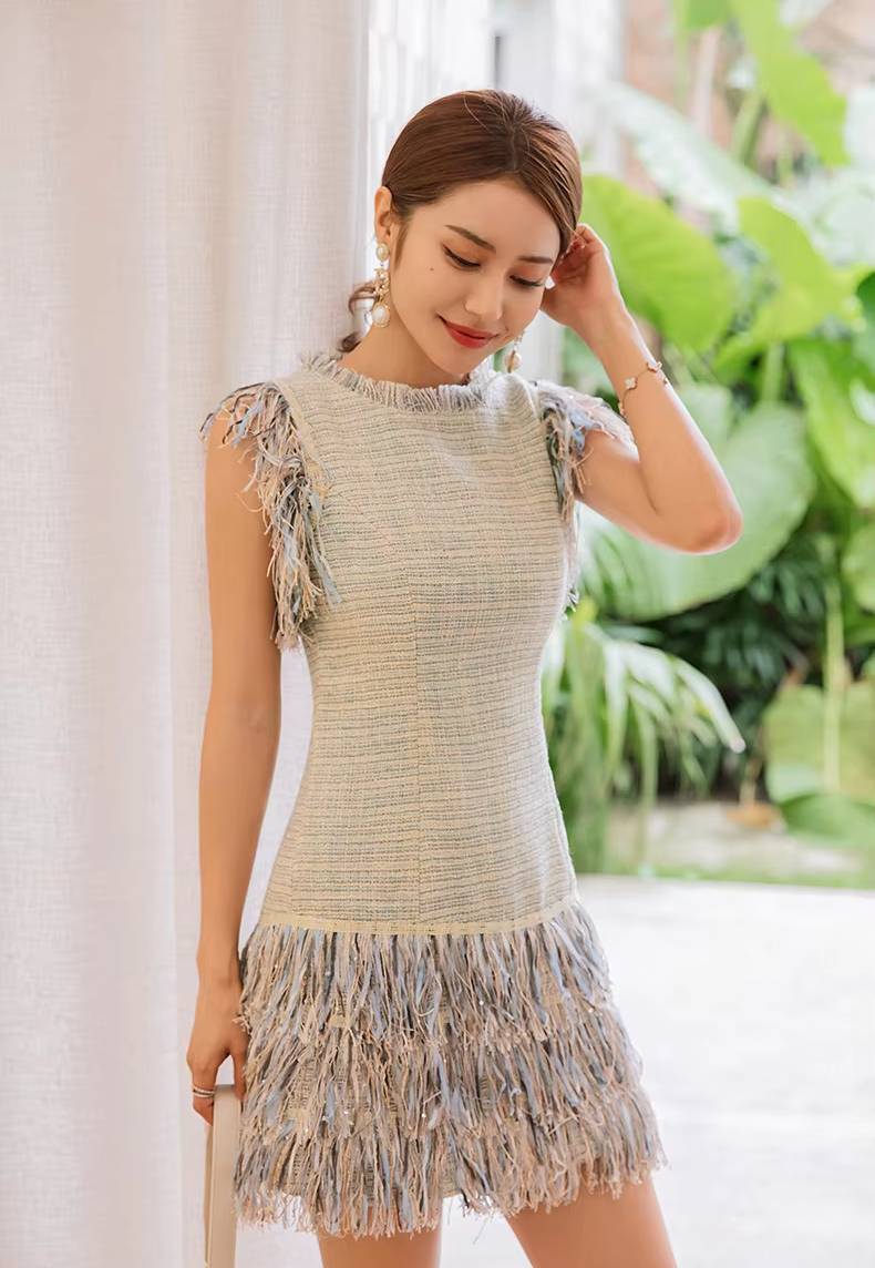 Elegant O-neck Tassel Patchwork Slim Waist Mini Dress