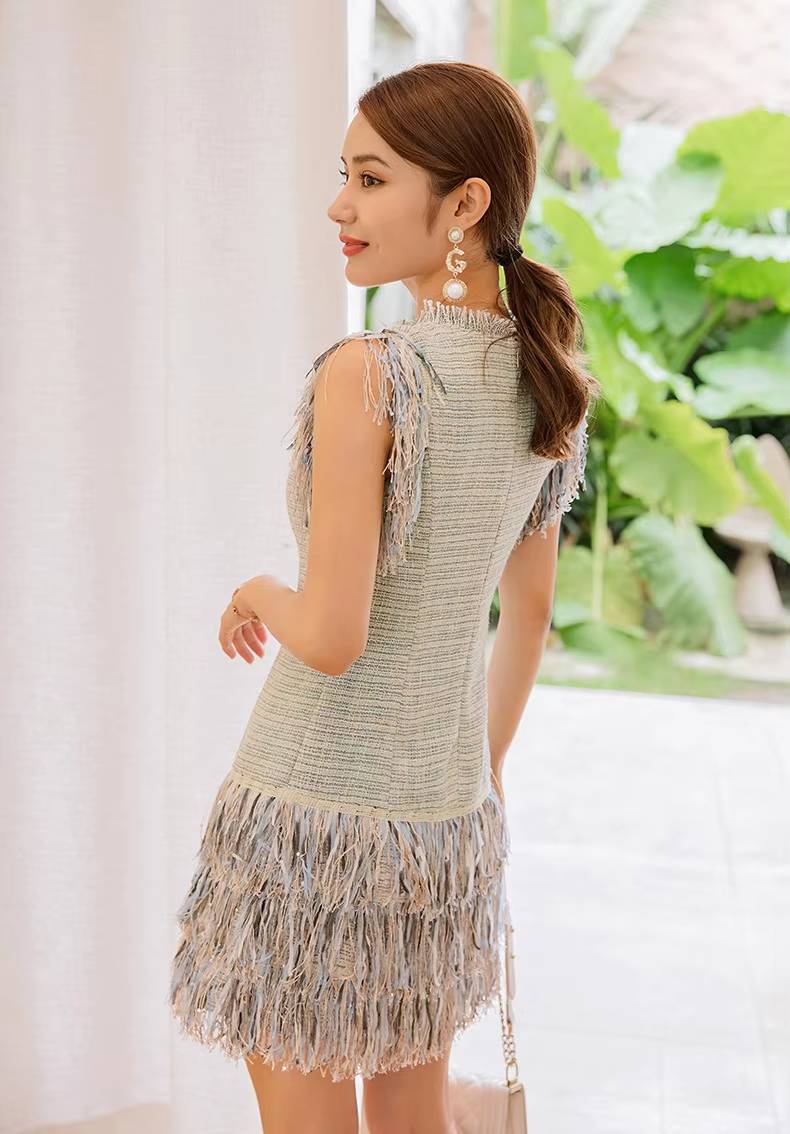 Elegant O-neck Tassel Patchwork Slim Waist Mini Dress