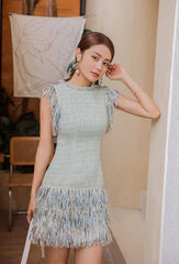 Elegant O-neck Tassel Patchwork Slim Waist Mini Dress