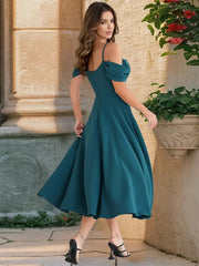 Elegant Off-Shoulder A-line Silhouette Midi Slip Dress