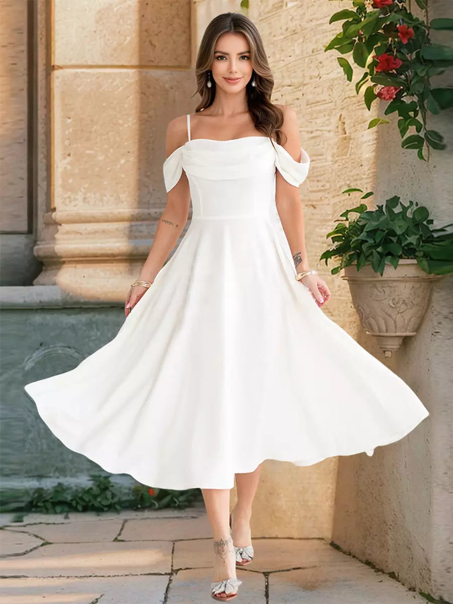 Elegant Off-Shoulder A-line Silhouette Midi Slip Dress