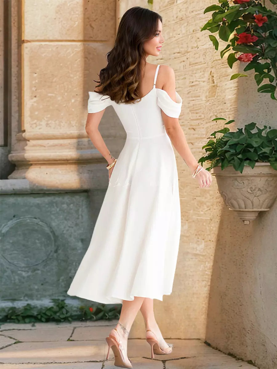 Elegant Off-Shoulder A-line Silhouette Midi Slip Dress