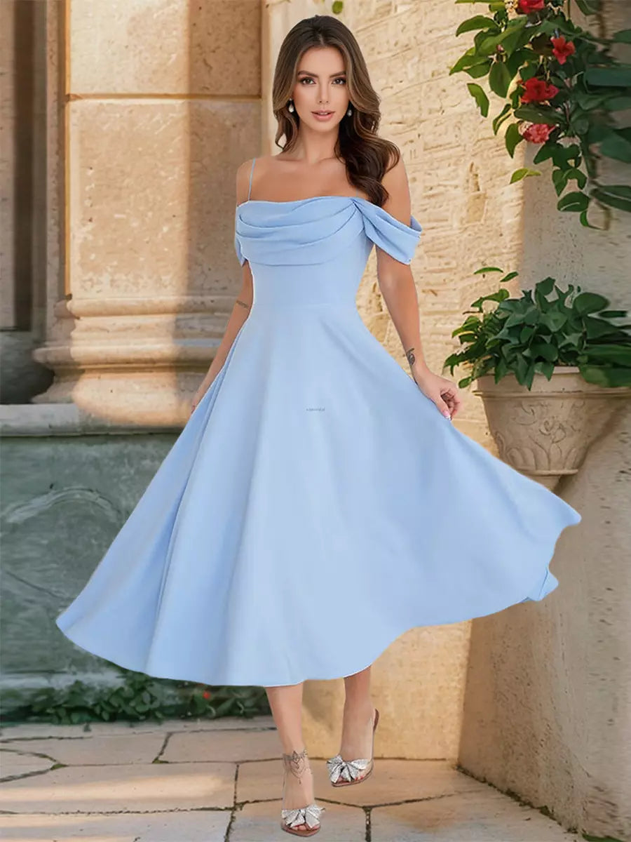 Elegant Off-Shoulder A-line Silhouette Midi Slip Dress