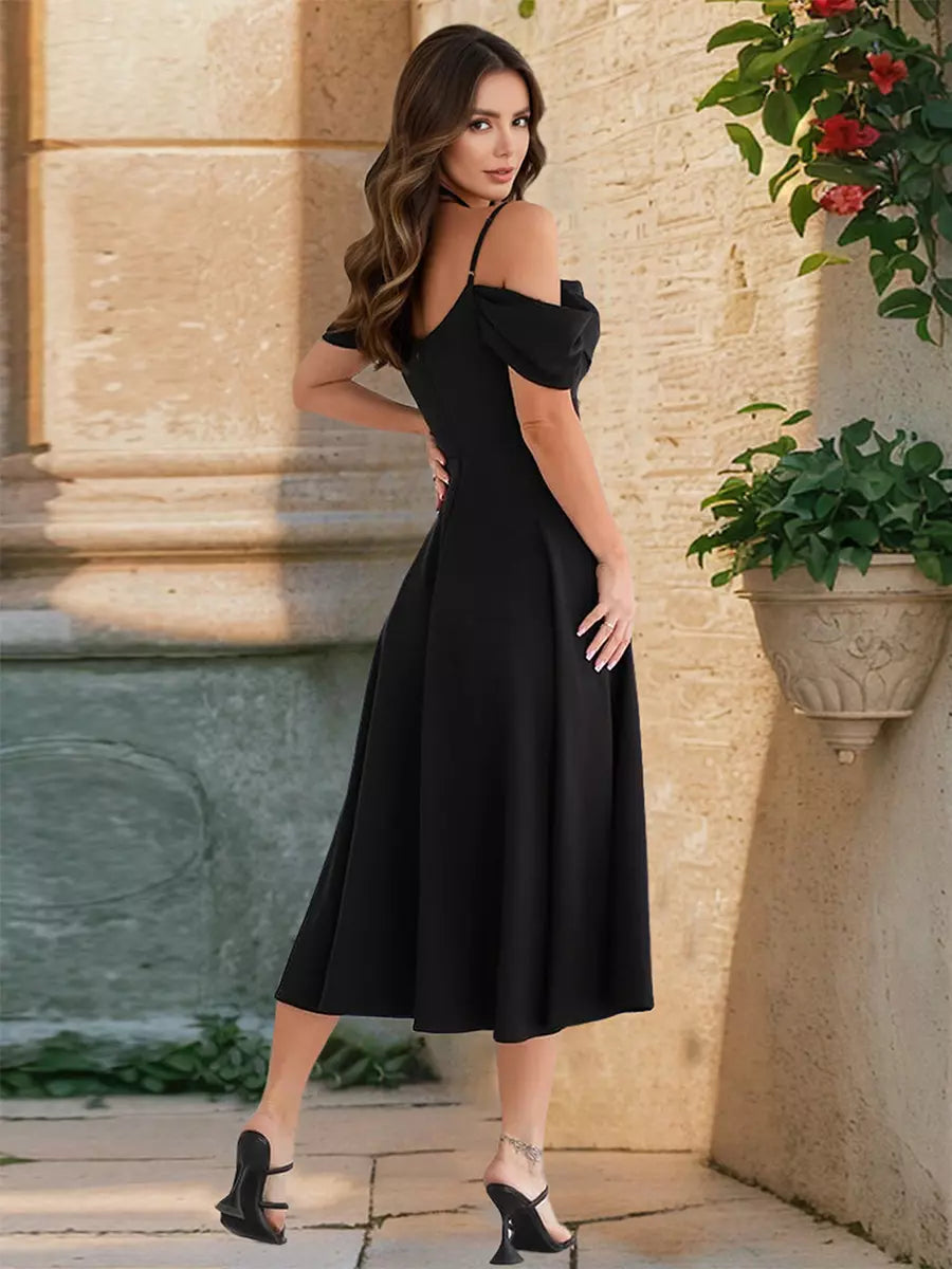 Elegant Off-Shoulder A-line Silhouette Midi Slip Dress