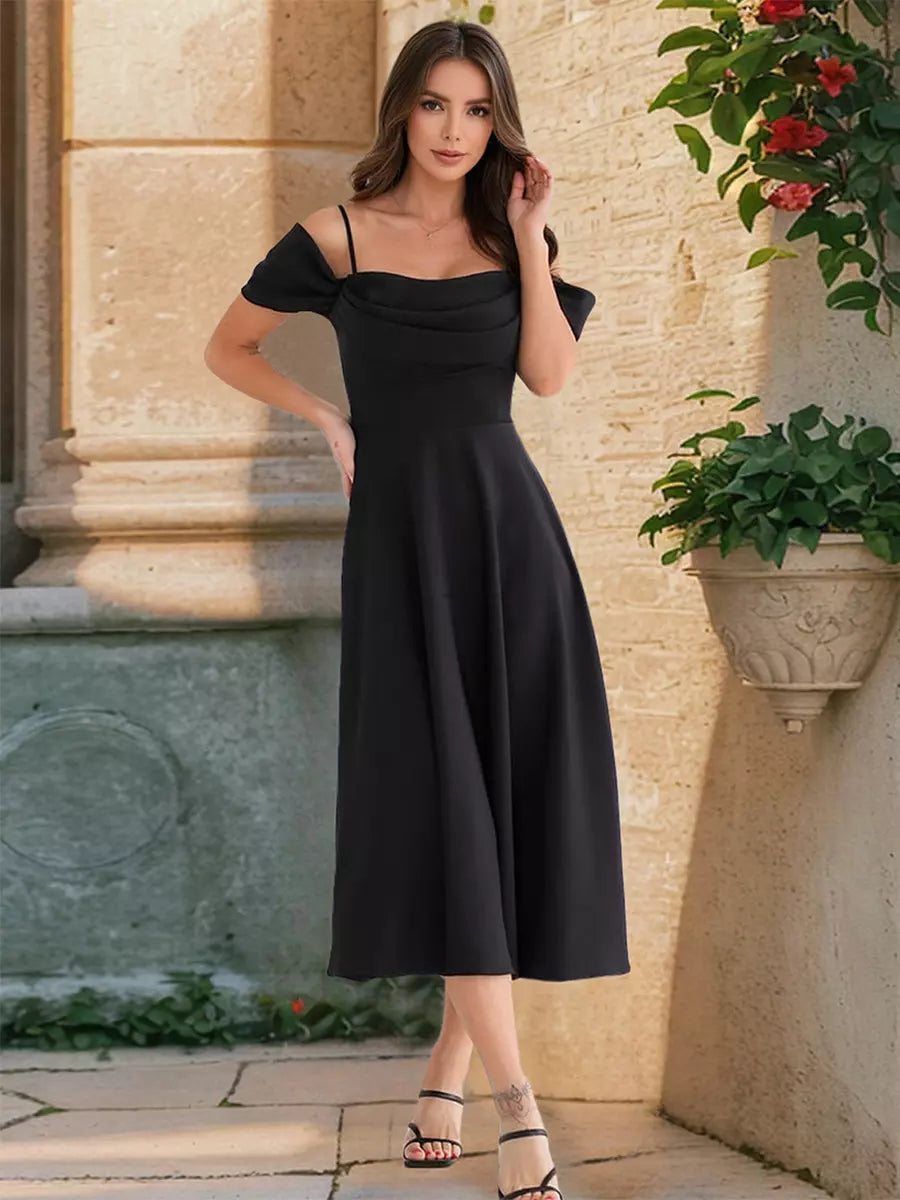 Elegant Off-Shoulder A-line Silhouette Midi Slip Dress