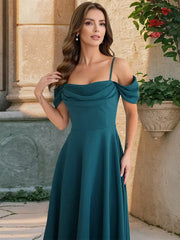 Elegant Off-Shoulder A-line Silhouette Midi Slip Dress