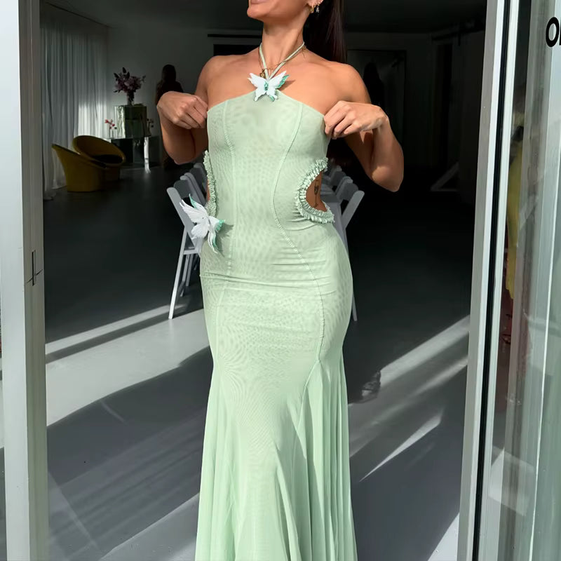 Elegant Off Shoulder Butterfly Appliques See Through Hollow Out Halter Maxi Dress