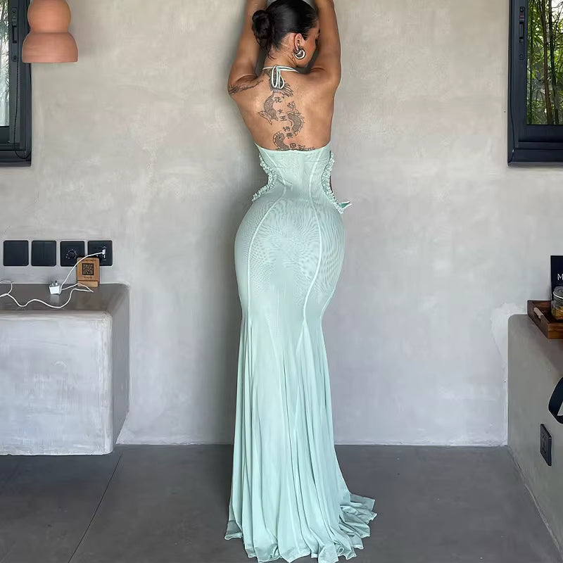Elegant Off Shoulder Butterfly Appliques See Through Hollow Out Halter Maxi Dress
