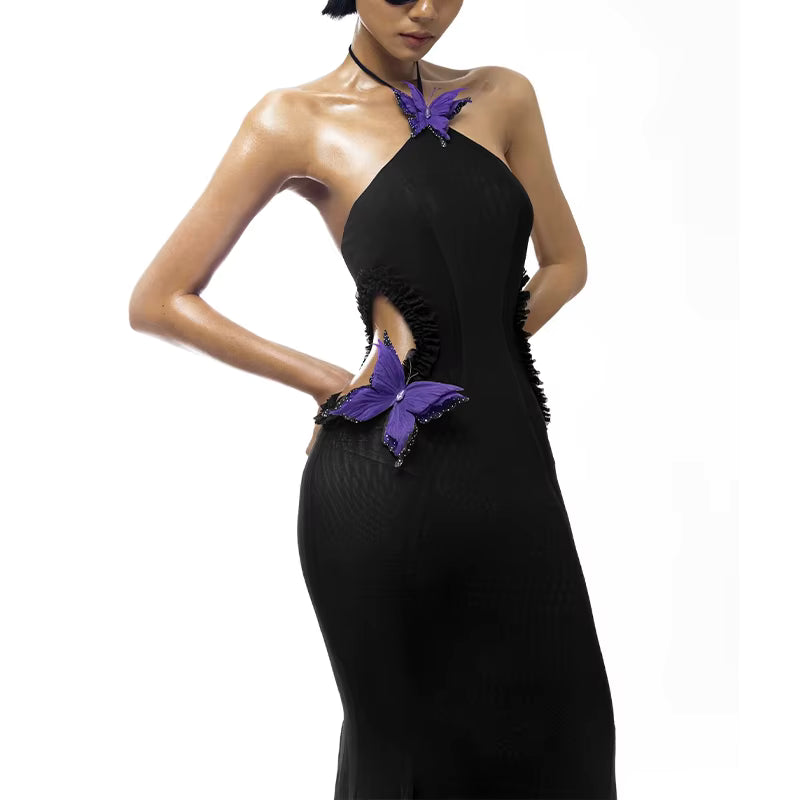 Elegant Off Shoulder Butterfly Appliques See Through Hollow Out Halter Maxi Dress