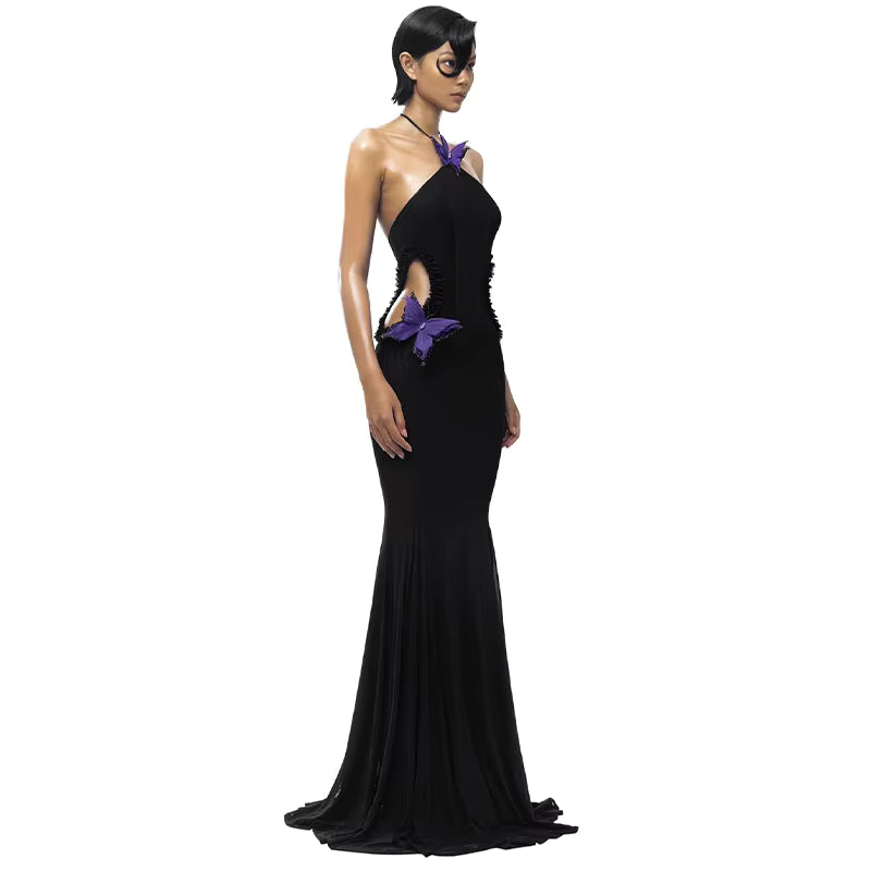Elegant Off Shoulder Butterfly Appliques See Through Hollow Out Halter Maxi Dress