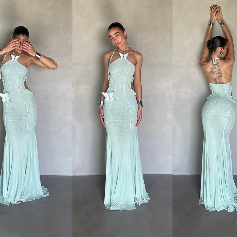 Elegant Off Shoulder Butterfly Appliques See Through Hollow Out Halter Maxi Dress