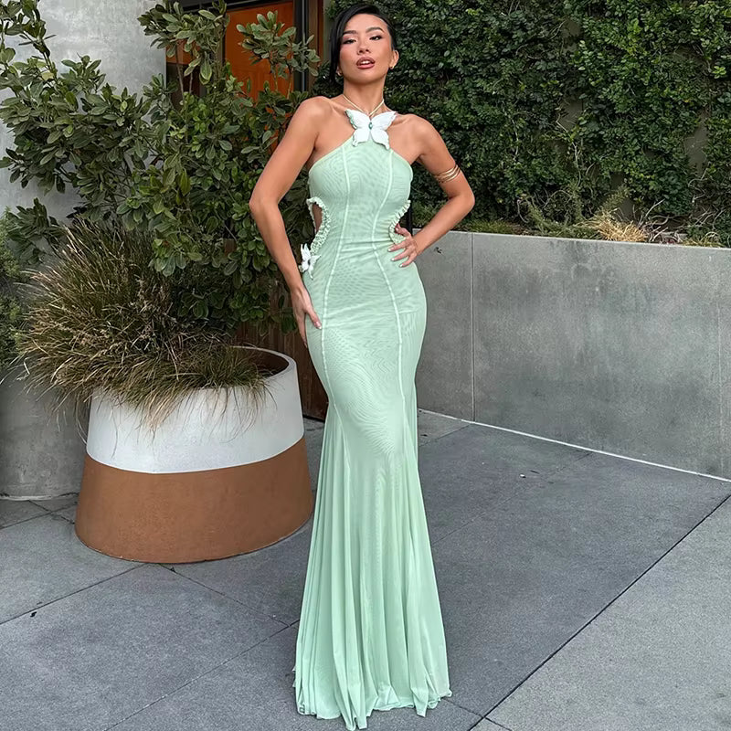 Elegant Off Shoulder Butterfly Appliques See Through Hollow Out Halter Maxi Dress