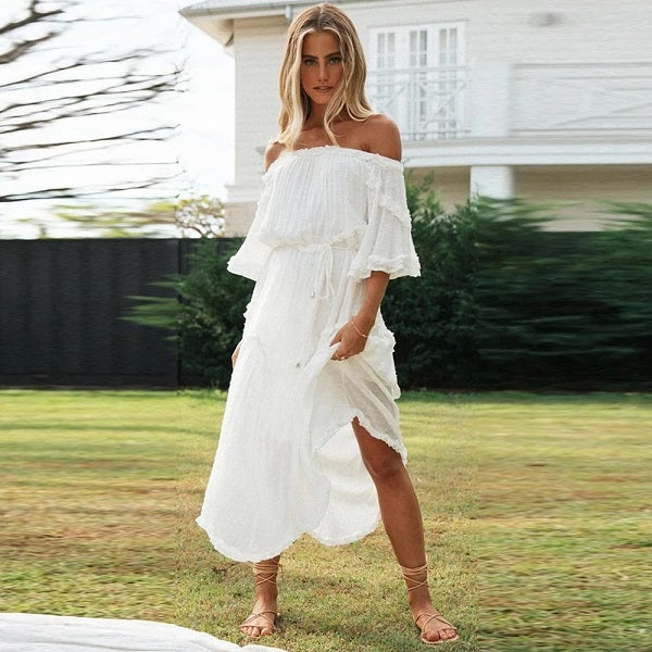 Elegant Off Shoulder Flare Sleeve Dot Long Dress