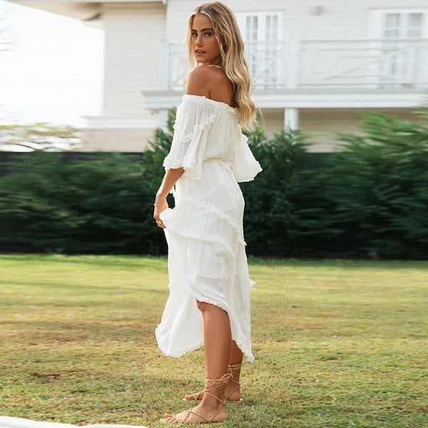 Elegant Off Shoulder Flare Sleeve Dot Long Dress