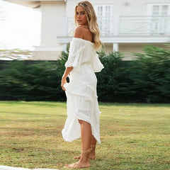 Elegant Off Shoulder Flare Sleeve Dot Long Dress