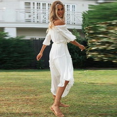 Elegant Off Shoulder Flare Sleeve Dot Long Dress