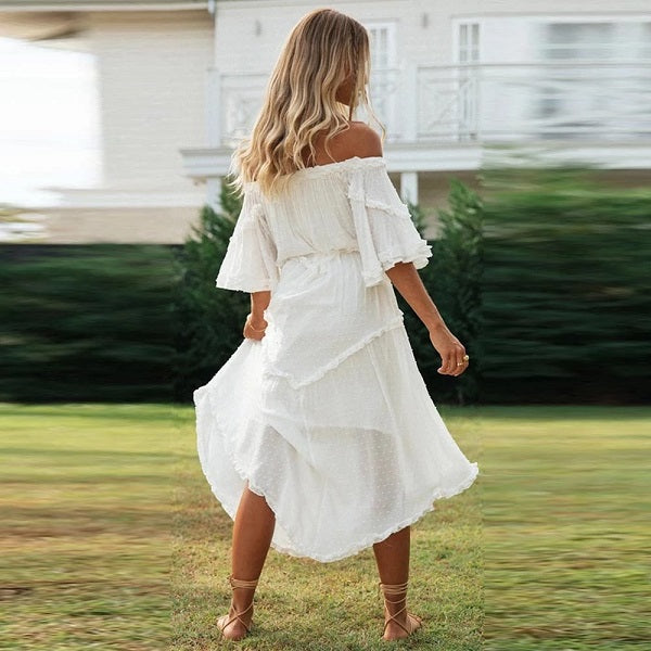 Elegant Off Shoulder Flare Sleeve Dot Long Dress