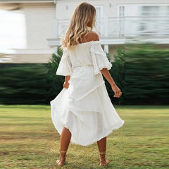 Elegant Off Shoulder Flare Sleeve Dot Long Dress