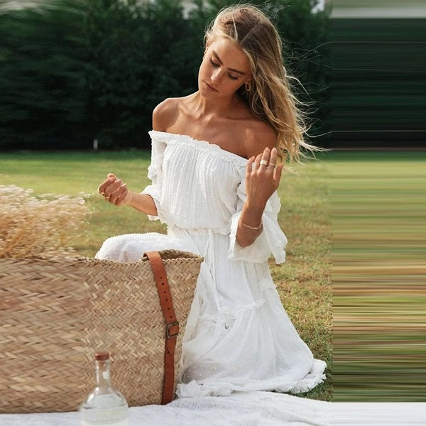 Elegant Off Shoulder Flare Sleeve Dot Long Dress