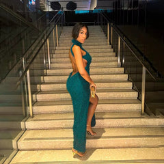 Elegant Off Shoulder High Slit Party Backless Maxi Dress