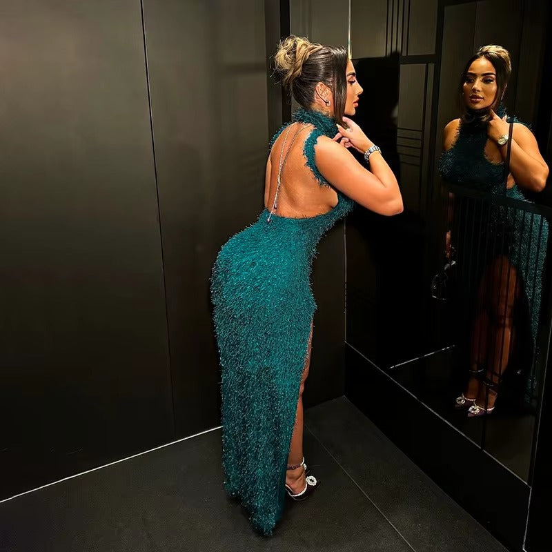 Elegant Off Shoulder High Slit Party Backless Maxi Dress