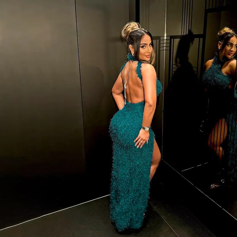 Elegant Off Shoulder High Slit Party Backless Maxi Dress