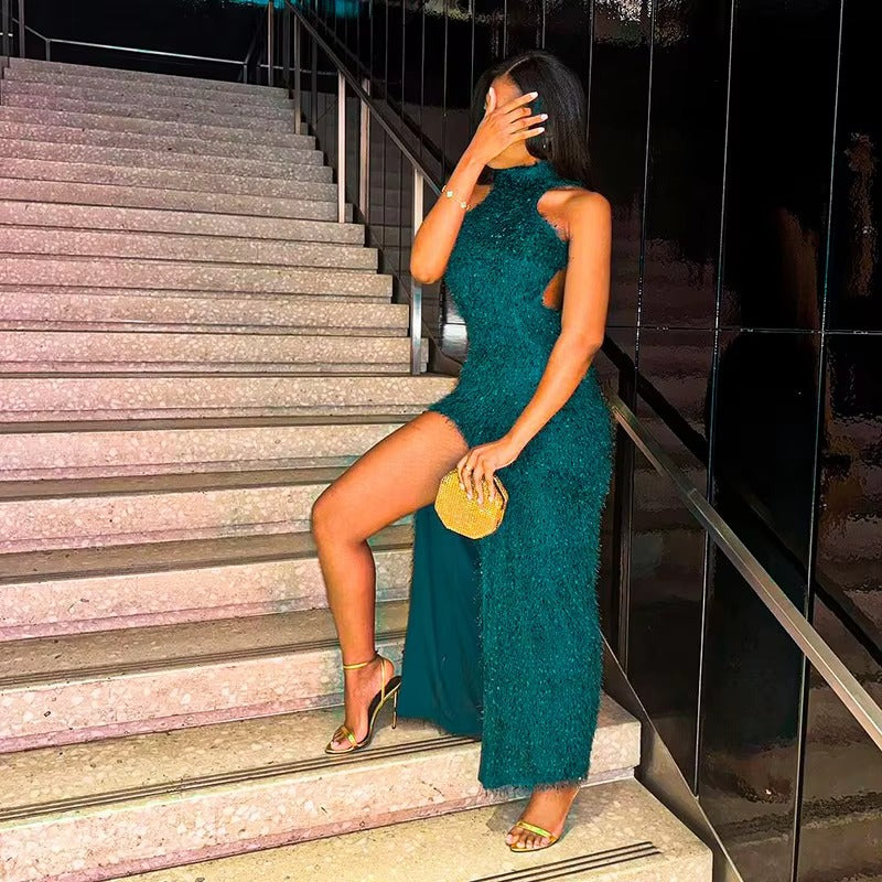 Elegant Off Shoulder High Slit Party Backless Maxi Dress