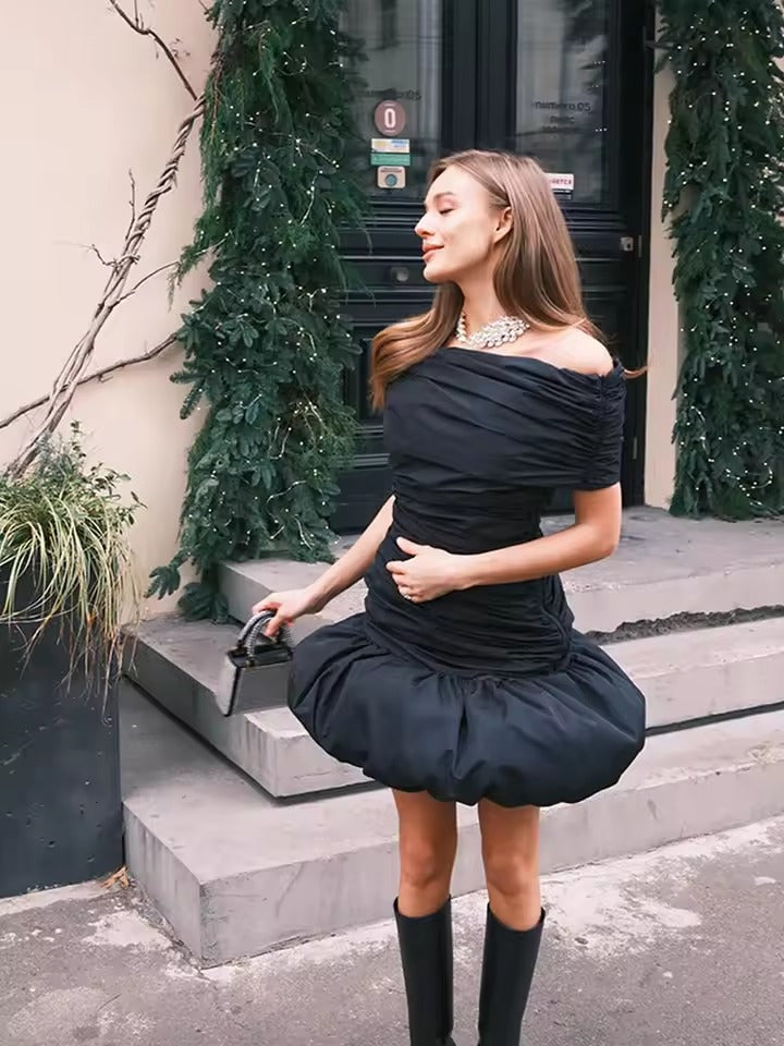 Elegant Off Shoulder High Waist Pleated Bubble Mini Dress