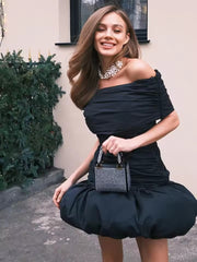 Elegant Off Shoulder High Waist Pleated Bubble Mini Dress