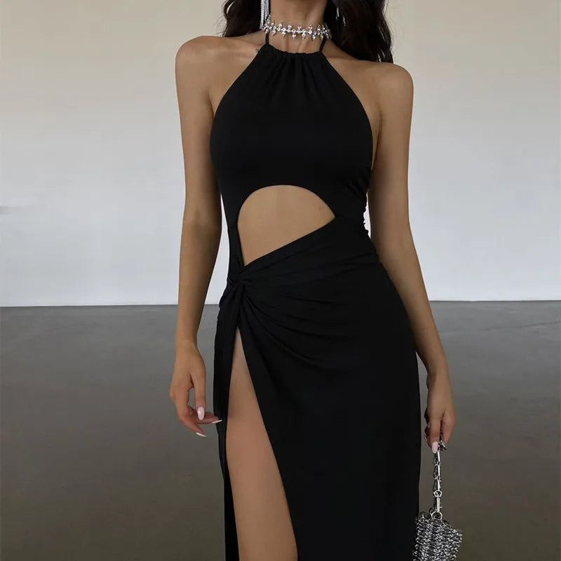 Elegant Backless Sleeveless Solid Hollow Out High-waist Split Dresses