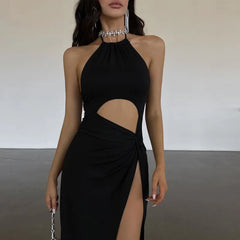 Elegant Backless Sleeveless Solid Hollow Out High-waist Split Dresses