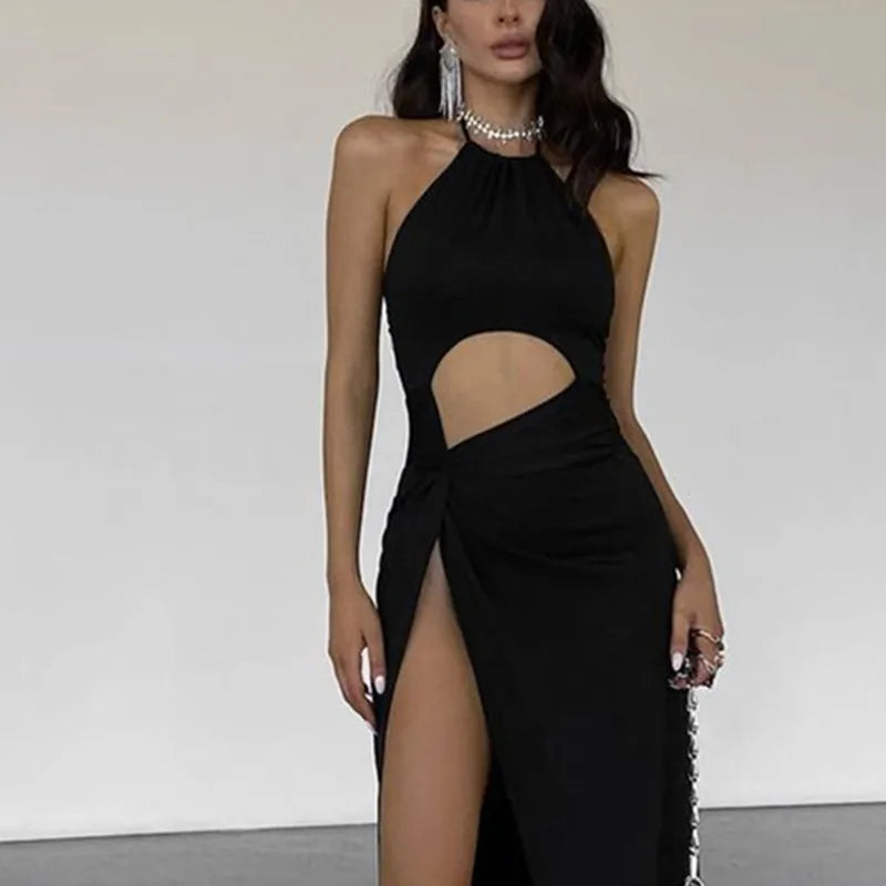 Elegant Backless Sleeveless Solid Hollow Out High-waist Split Dresses