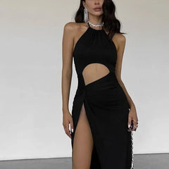 Elegant Backless Sleeveless Solid Hollow Out High-waist Split Dresses