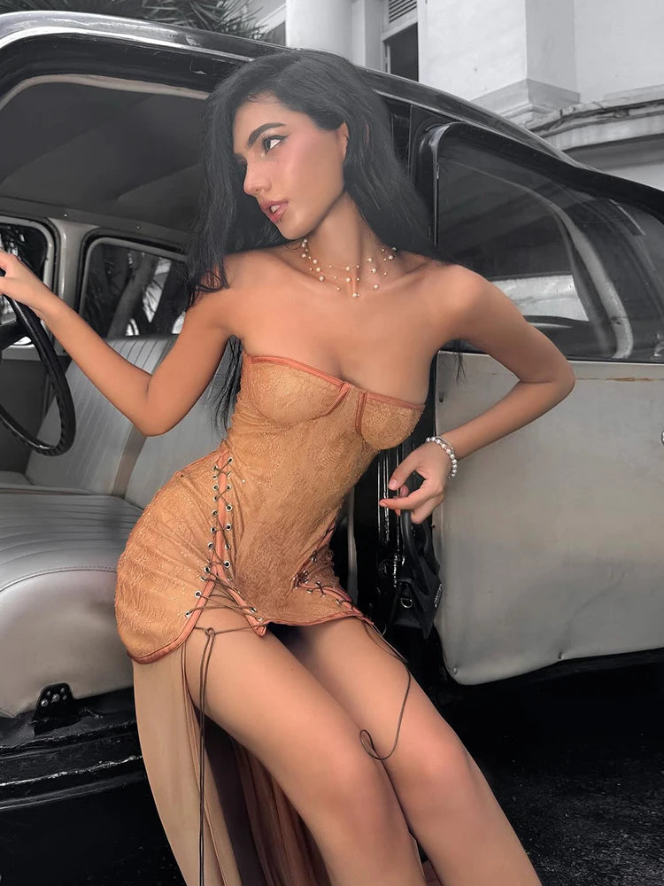 Elegant Off Shoulder Jacquard Strapless Shirring Mesh Splits Hem Maxi Dress
