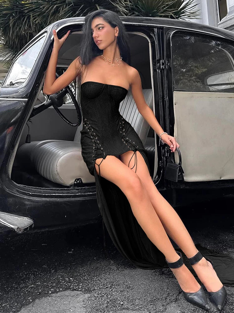 Elegant Off Shoulder Jacquard Strapless Shirring Mesh Splits Hem Maxi Dress