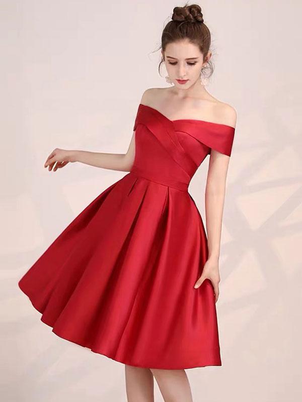 Elegant Off Shoulder Knee Length Formal Satin Cocktail Party Dress