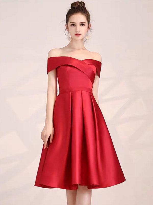 Elegant Off Shoulder Knee Length Formal Satin Cocktail Party Dress
