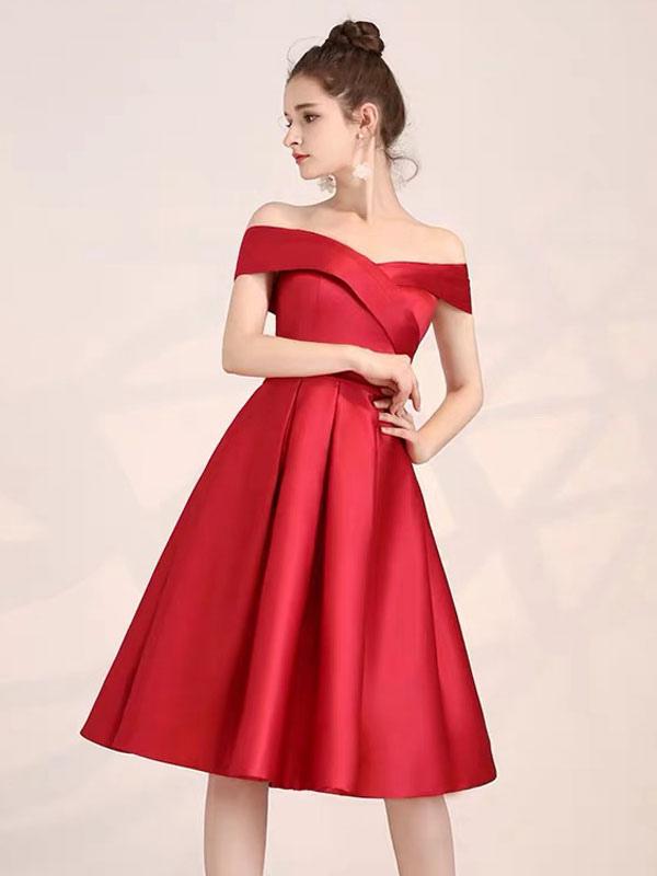 Elegant Off Shoulder Knee Length Formal Satin Cocktail Party Dress